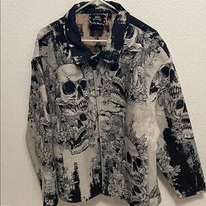 Rebel Vengeance Black and Cream Skeleton Graphic Button Up Jacket